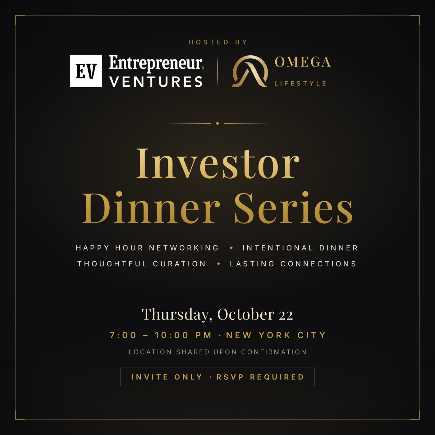 Event flyer: Investor Dinner Series, Thursday, October 22 · 7:00 – 10:00 PM at 